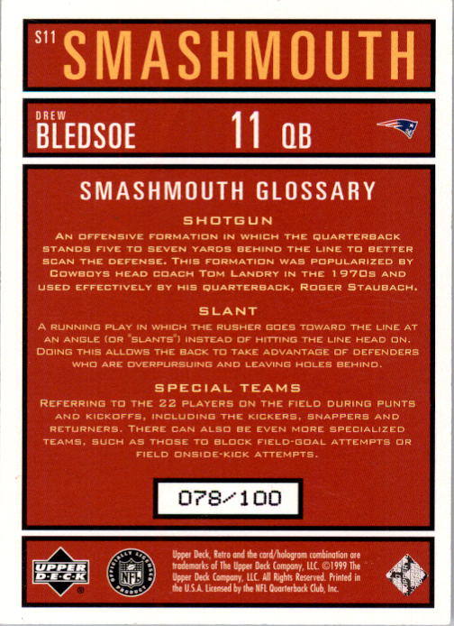 1999 Upper Deck Retro Smashmouth 100 #S11 Drew Bledsoe back image
