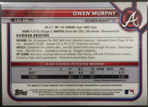 2022 Bowman Chrome Draft Autographs Purple Refractors #CDAOM Owen Murphy back image
