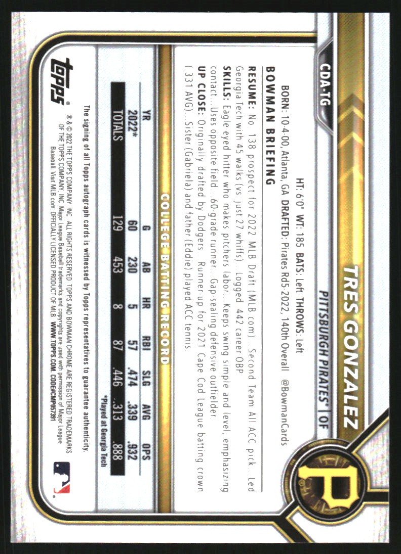 2022 Bowman Chrome Draft Autographs Green Refractors #CDATG Tres Gonzalez