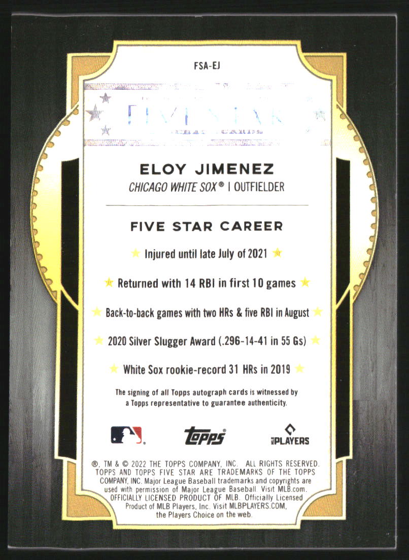 2022 Topps Five Star Autographs Aqua #FSAEJ Eloy Jimenez