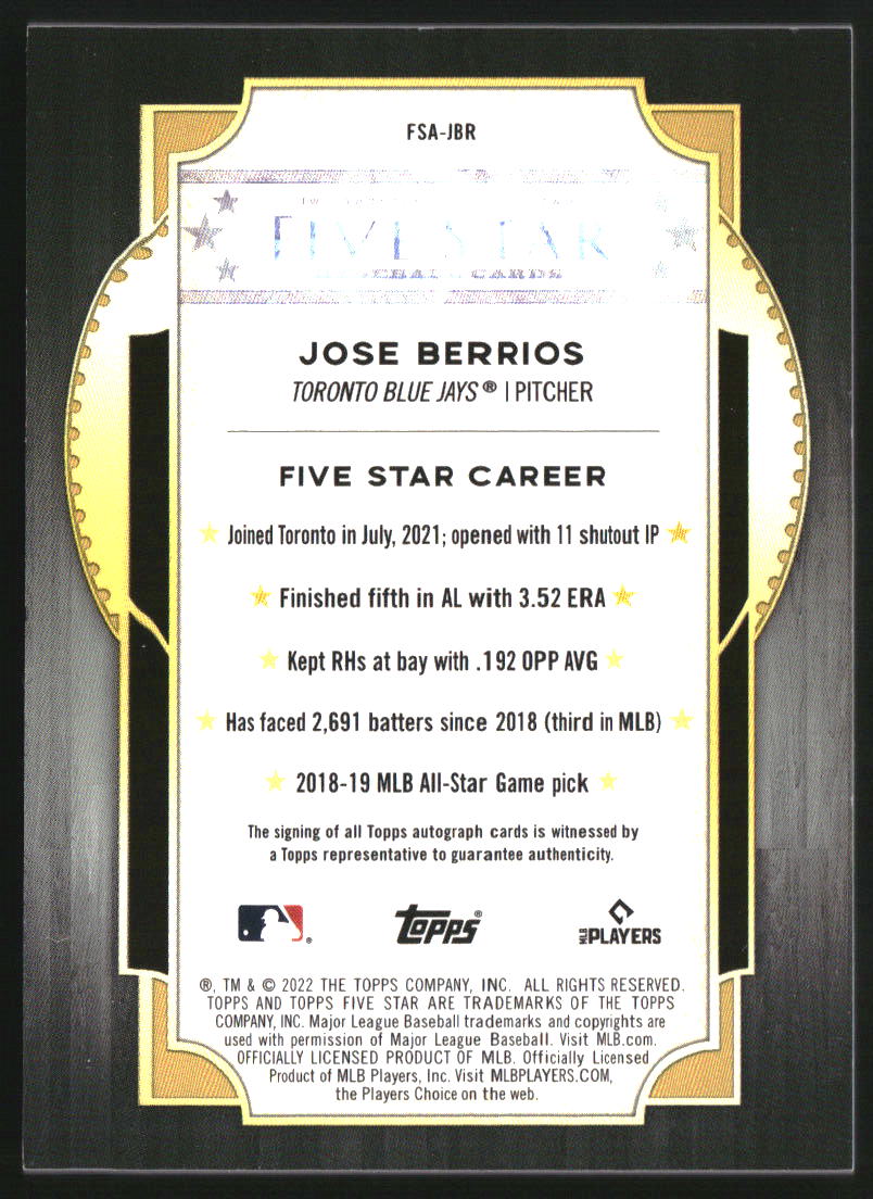 2022 Topps Five Star Autographs Aqua #FSAJBR Jose Berrios