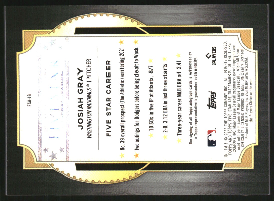 2022 Topps Five Star Autographs Aqua #FSAJG Josiah Gray