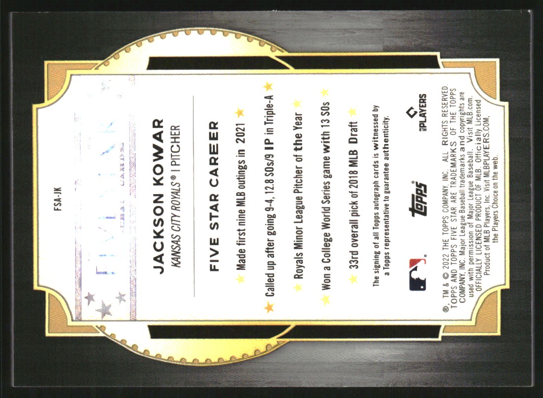 2022 Topps Five Star Autographs Aqua #FSAJK Jackson Kowar