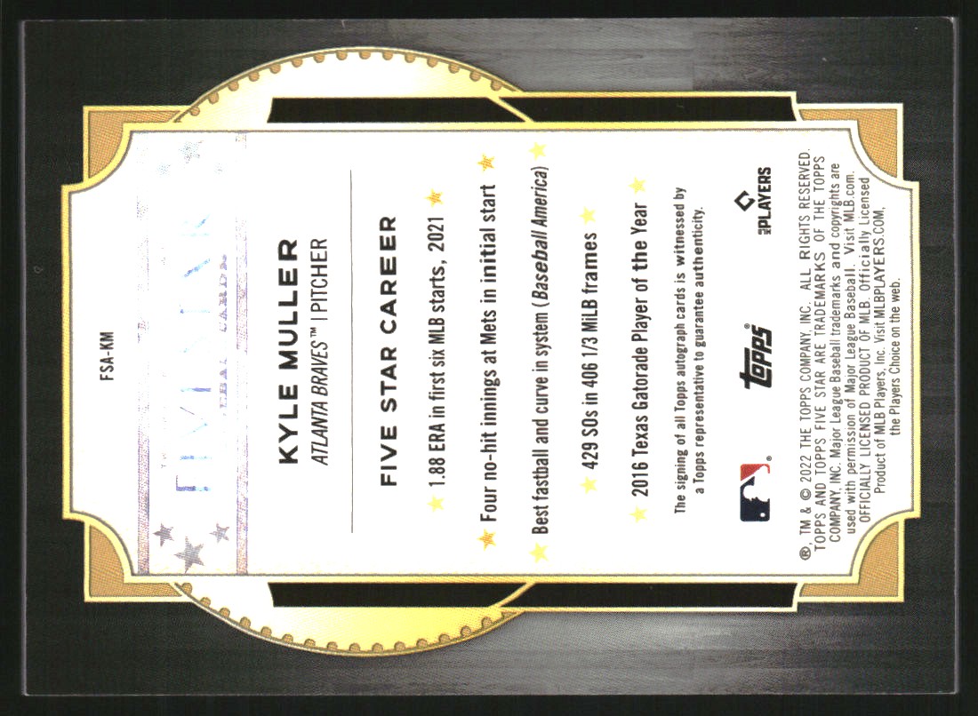 2022 Topps Five Star Autographs Aqua #FSAKM Kyle Muller
