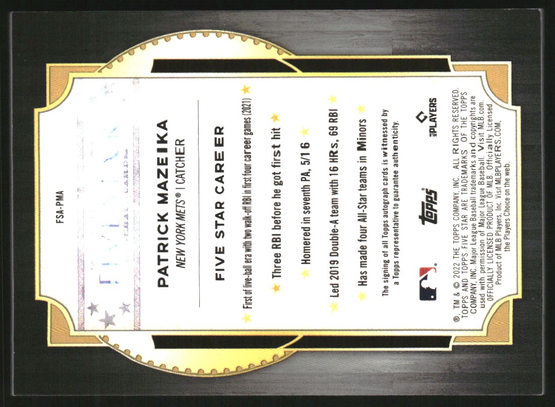 2022 Topps Five Star Autographs Aqua #FSAPMA Patrick Mazeika