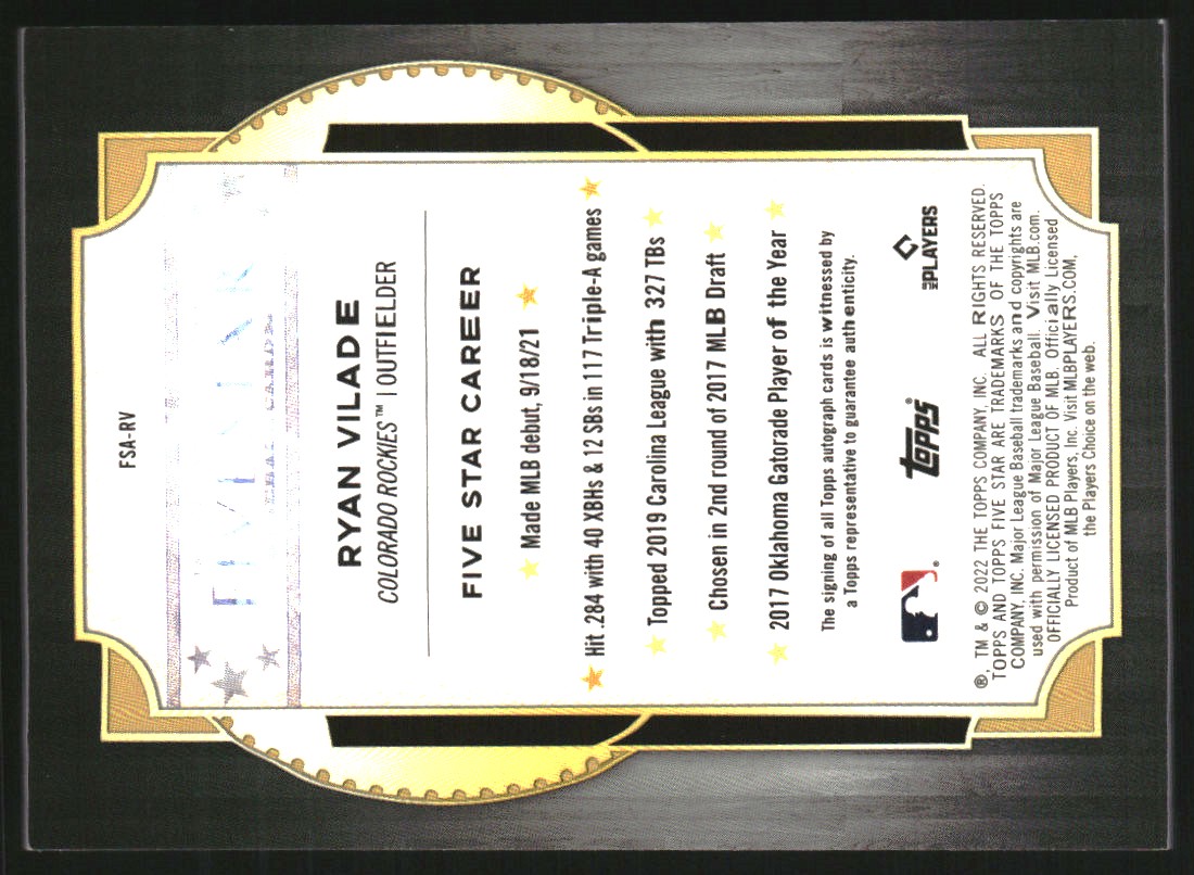 2022 Topps Five Star Autographs Aqua #FSARV Ryan Vilade