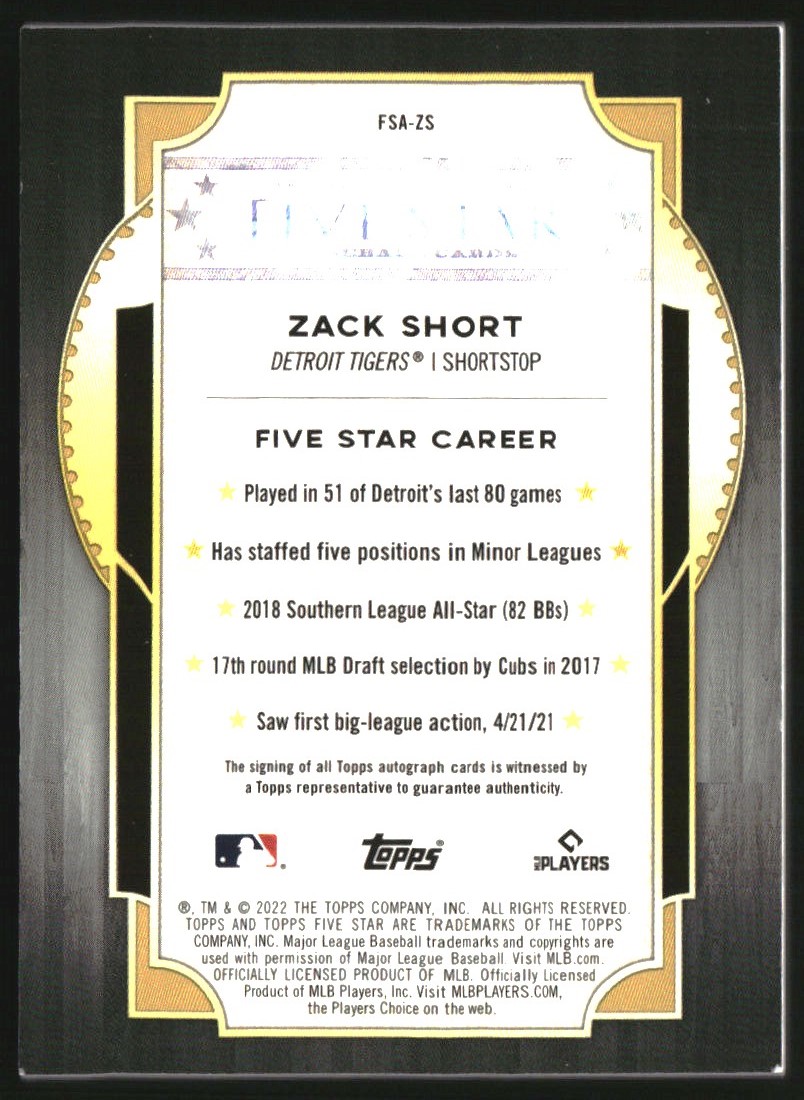 2022 Topps Five Star Autographs Aqua #FSAZS Zack Short