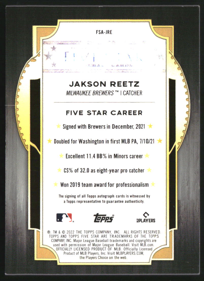 2022 Topps Five Star Autographs Purple #FSAJRE Jakson Reetz