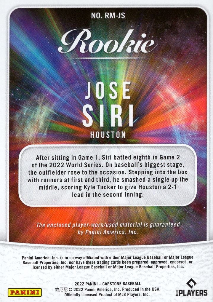 2022 Panini Capstone Rookie Materials #23 Jose Siri - Jersey - NM-MT -  Triple Play Sports Cards