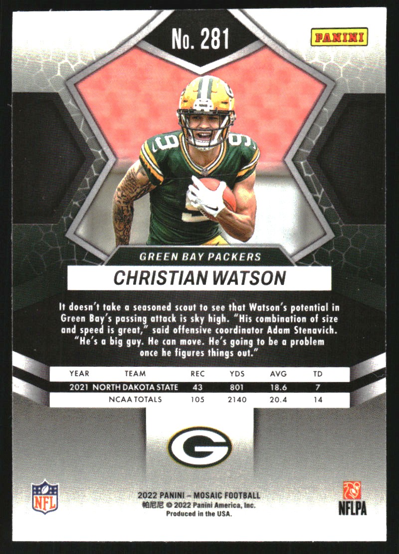 : 2022 Panini Mosaic #281 Christian Watson NFL Debut RC