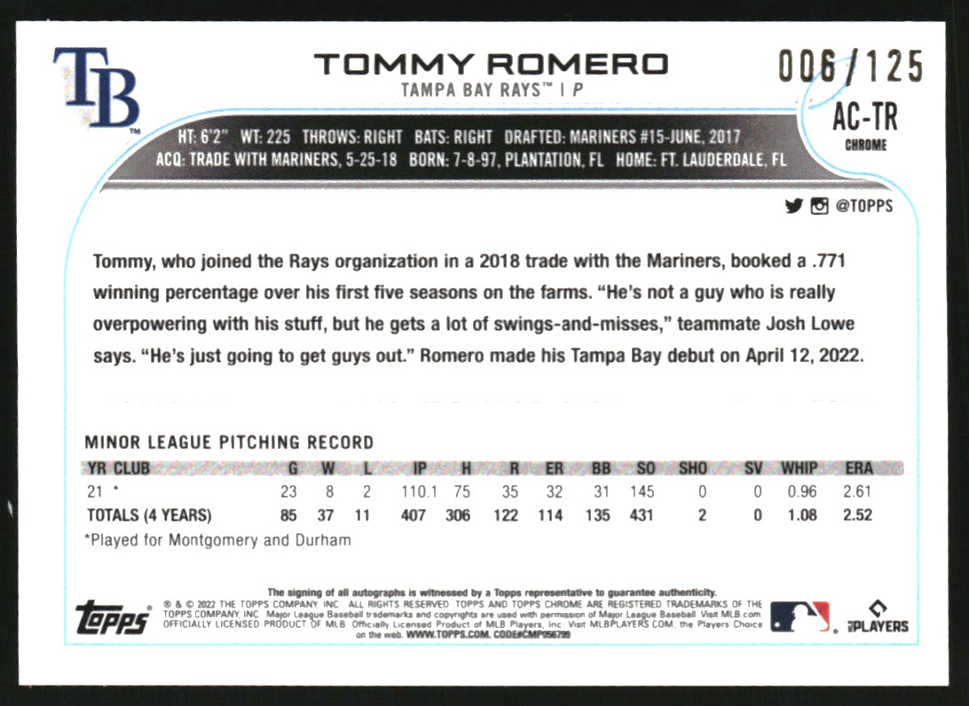 2022 Topps Chrome Update Autographs X-Fractors #ACTR Tommy Romero