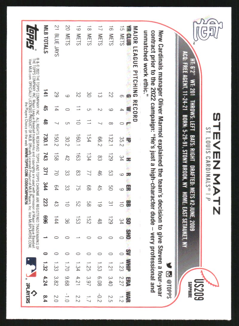 2022 Topps Chrome Update Sapphire #US209 Steven Matz
