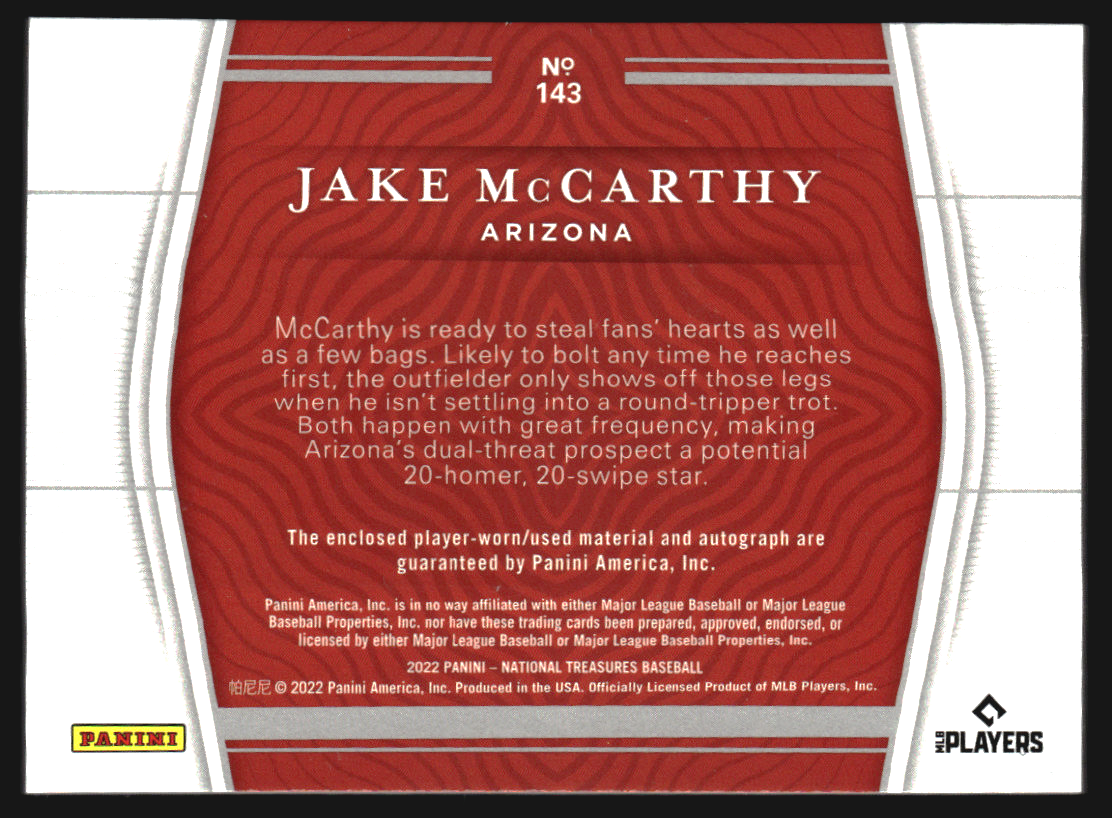 2022 Panini National Treasures Holo Gold #143 Jake McCarthy JSY AU/25