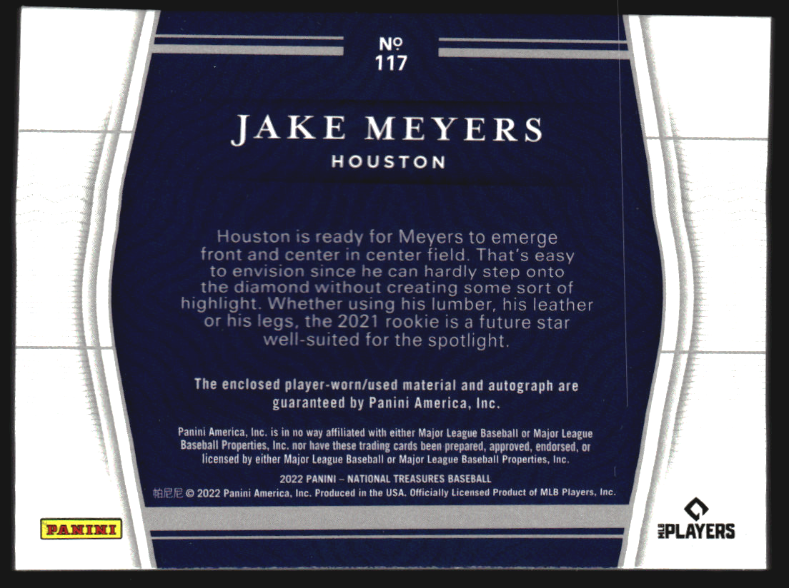 2022 Panini National Treasures Holo Silver #117 Jake Meyers JSY AU/10