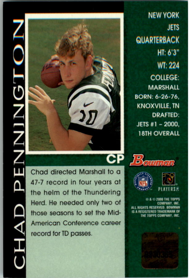 2000 Bowman Autographs #CP Chad Pennington G back image