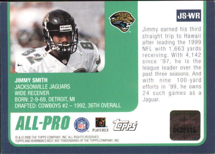 2000 Bowman's Best Pro Bowl Jerseys #JSWR Jimmy Smith back image