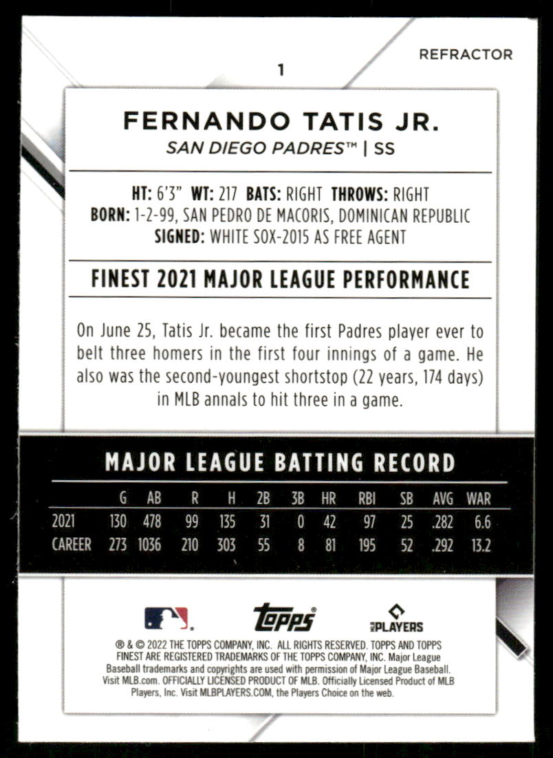 2022 Finest Refractors #1 Fernando Tatis Jr. back image