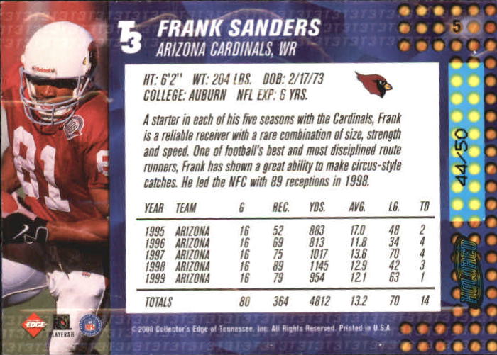 2000 Collector's Edge T3 HoloRed #5 Frank Sanders back image