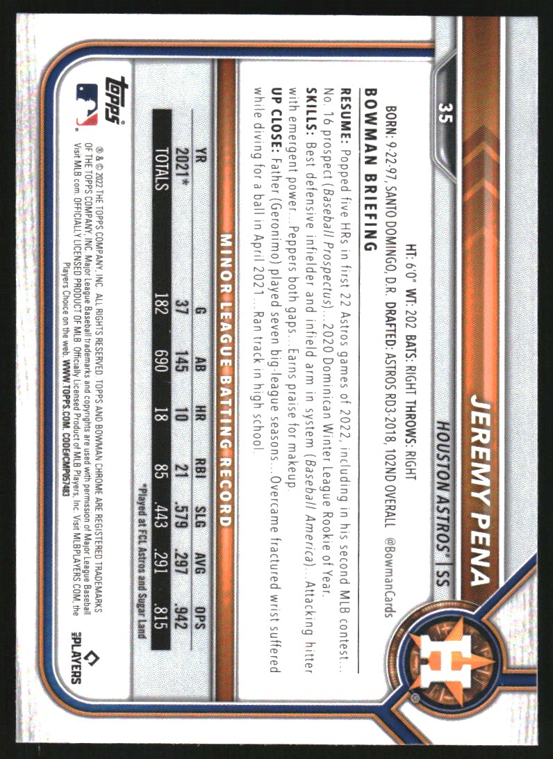 2022 Bowman Chrome Sapphire #35 Jeremy Pena RC