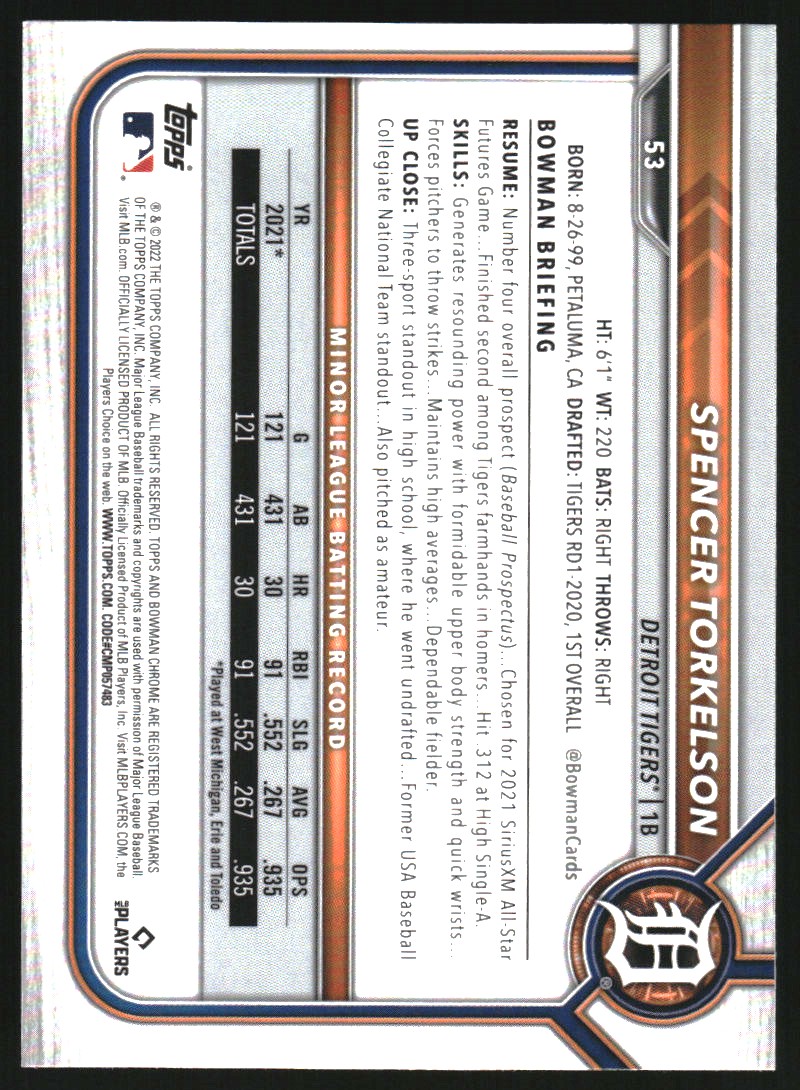 2022 Bowman Chrome Sapphire #53 Spencer Torkelson (RC)