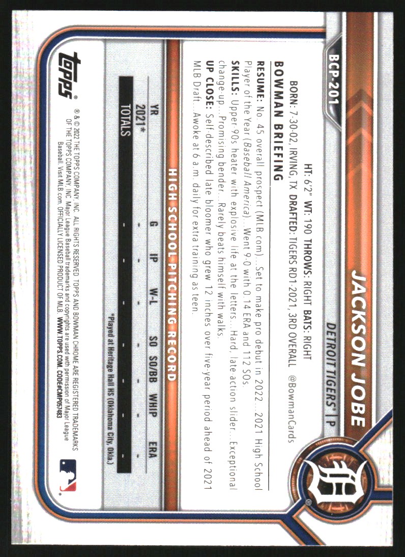 2022 Bowman Chrome Sapphire Prospects #BCP201 Jackson Jobe