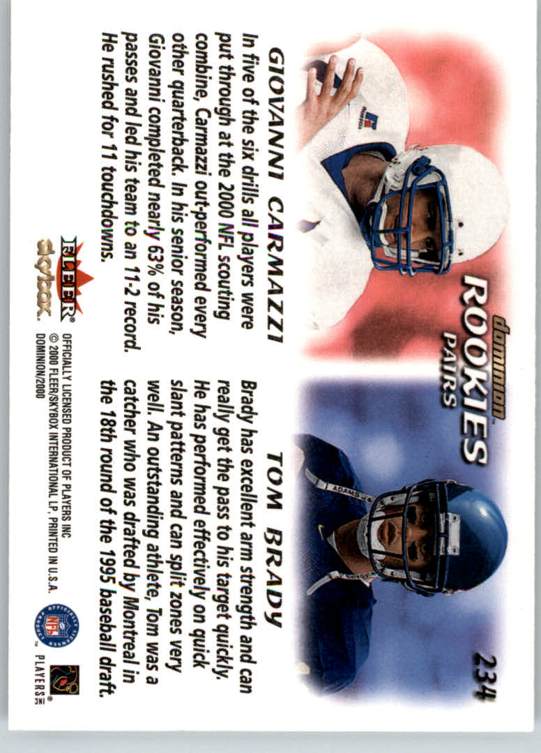 2000 SkyBox Dominion #234 Tom Brady RC/Giovanni Carmazzi RC back image