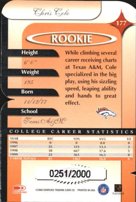 2000 Donruss Elite Rookie Die Cuts #177 Chris Cole