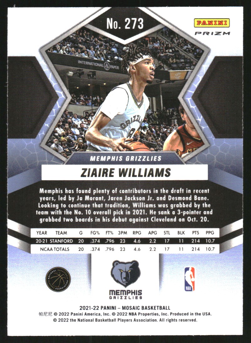 2021-22 Panini Mosaic Mosaic Fast Break Silver #273 Ziaire Williams DEB