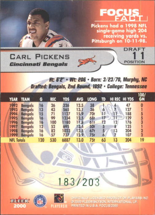 2000 Fleer Focus Draft Position #11 Carl Pickens/203 back image