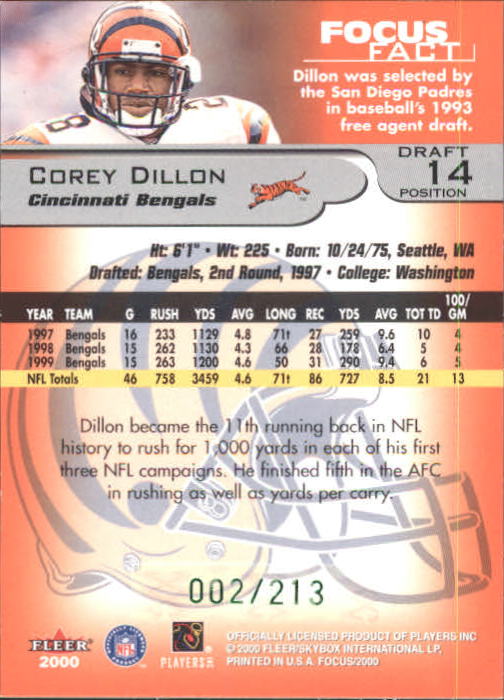 2000 Fleer Focus Draft Position #14 Corey Dillon/213 back image