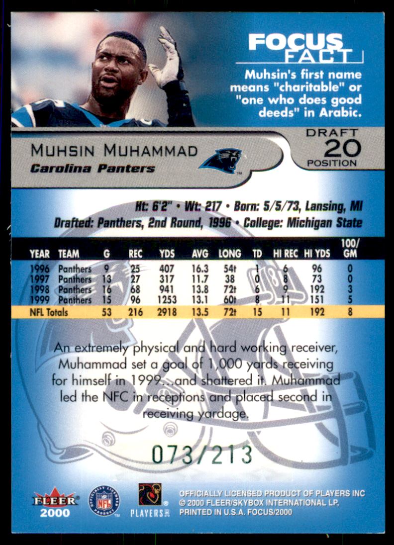 2000 Fleer Focus Draft Position #20 Muhsin Muhammad/213 back image