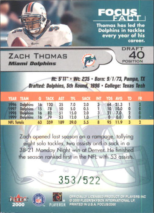 2000 Fleer Focus Draft Position #40 Zach Thomas/522 back image