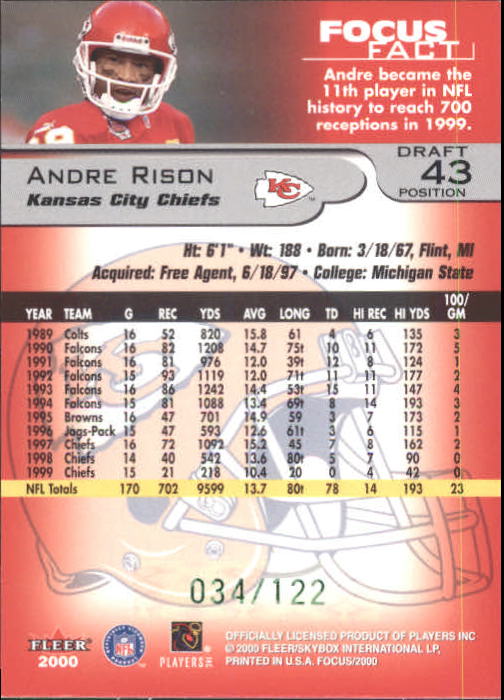2000 Fleer Focus Draft Position #43 Andre Rison/122 back image