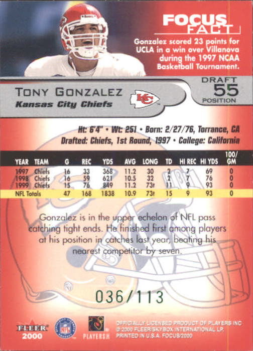 2000 Fleer Focus Draft Position #55 Tony Gonzalez/113 back image