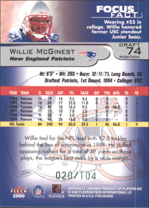 2000 Fleer Focus Draft Position #74 Willie McGinest/104 back image