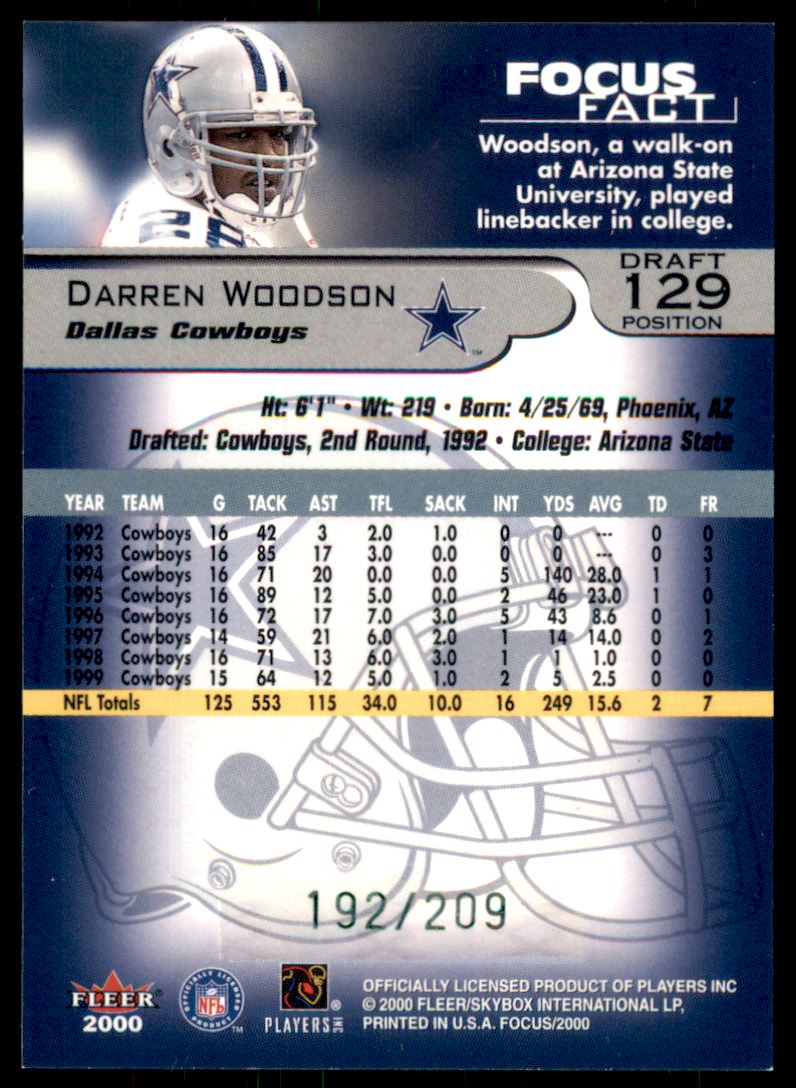 2000 Fleer Focus Draft Position #129 Darren Woodson/209 back image