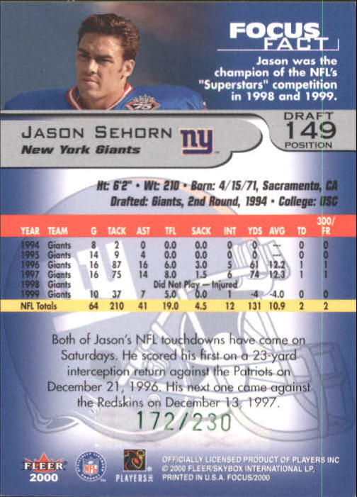 2000 Fleer Focus Draft Position #149 Jason Sehorn/230 back image