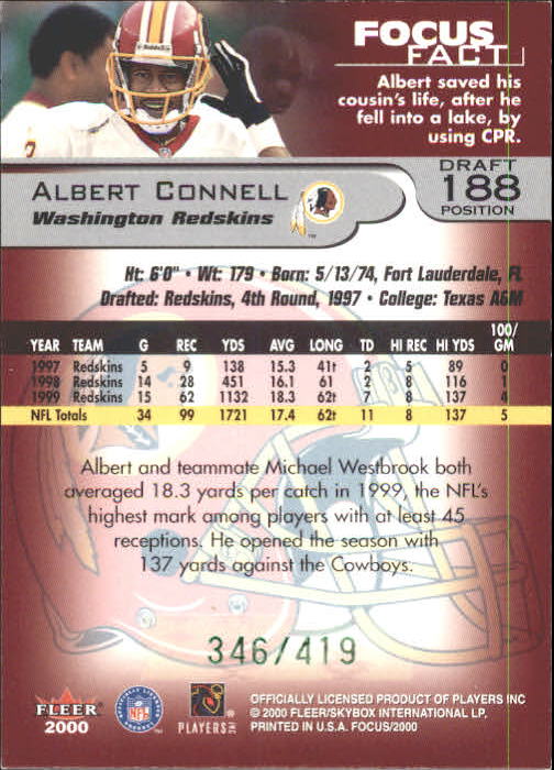 2000 Fleer Focus Draft Position #188 Albert Connell/419 back image