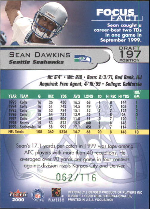 2000 Fleer Focus Draft Position #197 Sean Dawkins/116 back image