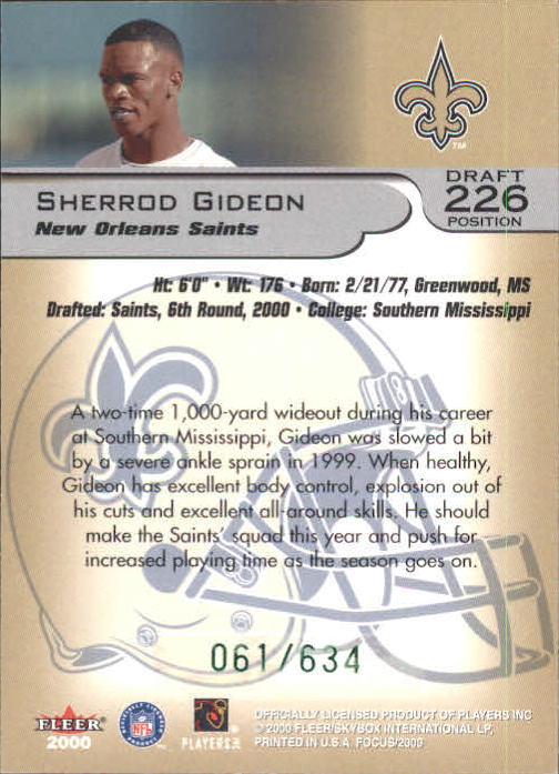 2000 Fleer Focus Draft Position #226 Sherrod Gideon/634 back image