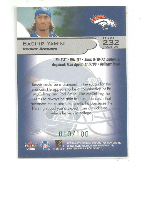 2000 Fleer Focus Draft Position #232 Bashir Yamini/100 back image