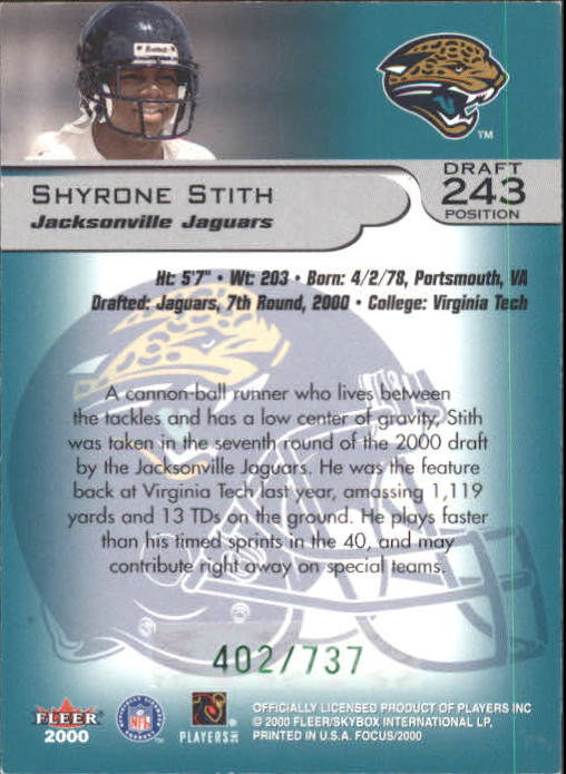 2000 Fleer Focus Draft Position #243 Shyrone Stith/737 back image