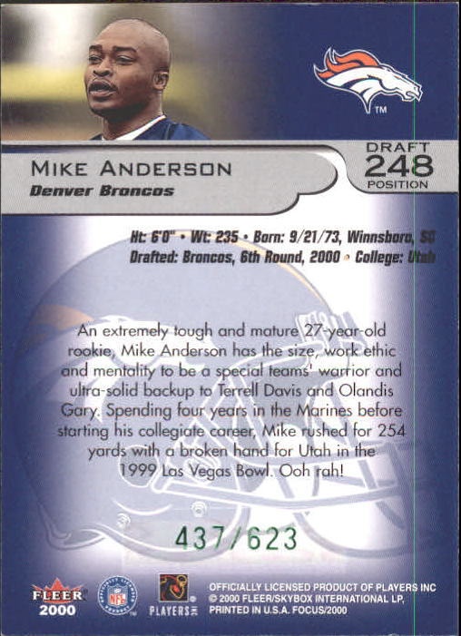 2000 Fleer Focus Draft Position #248 Mike Anderson/623 back image