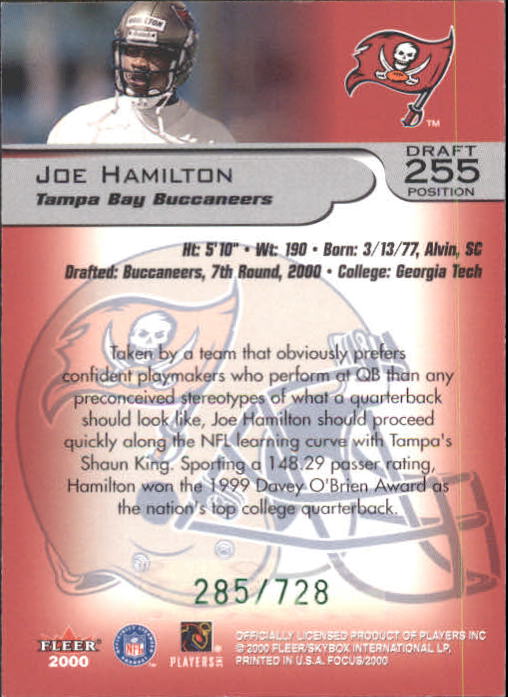 2000 Fleer Focus Draft Position #255 Joe Hamilton/728 back image