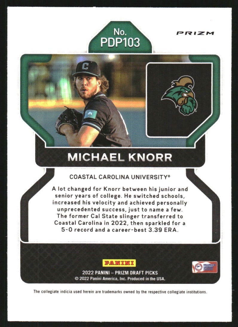 2022 Panini Prizm Draft Picks Prizms Neon Pink Velocity #103 Michael Knorr