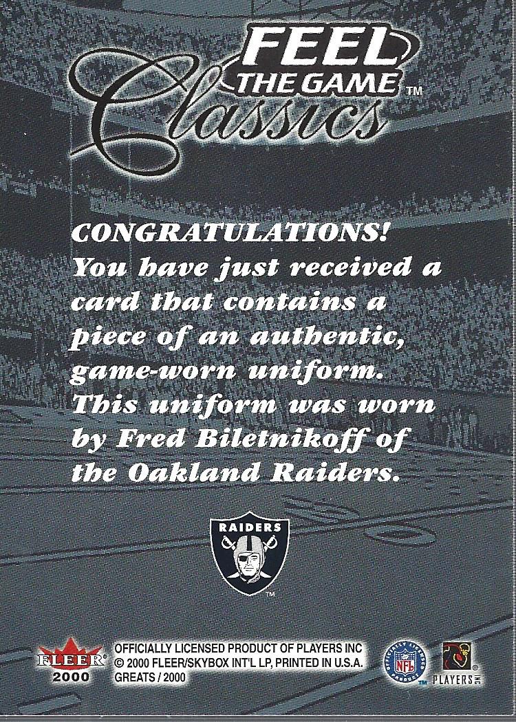 2000 Greats of the Game Feel The Game Classics #2 Fred Biletnikoff back image