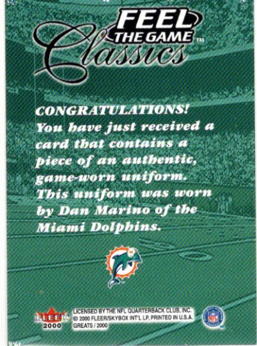2000 Greats of the Game Feel The Game Classics #12 Dan Marino Wht back image