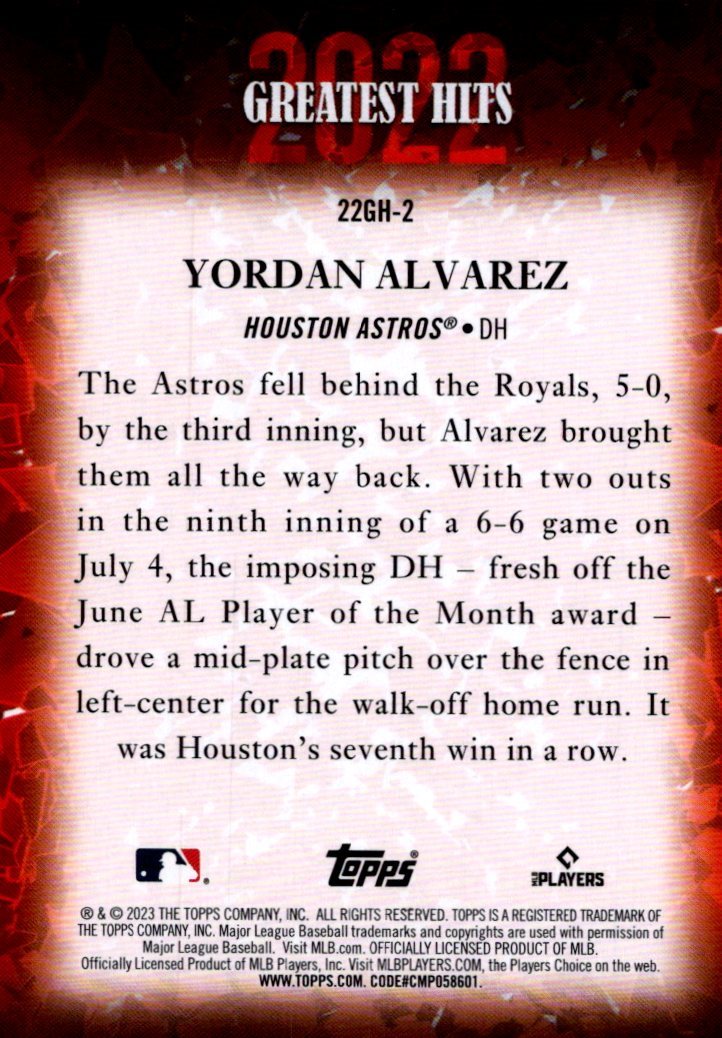 2023 Topps '22 Greatest Hits #22GH2 Yordan Alvarez - NM-MT - The