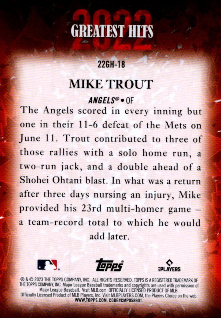 2023 Topps '22 Greatest Hits #22GH18 Mike Trout - NM-MT - The Dugout  Sportscards & Comics