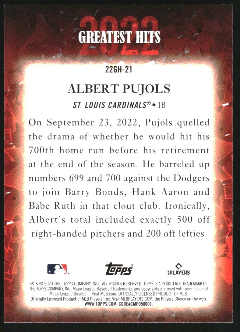 2023 Topps '22 Greatest Hits #22GH21 Albert Pujols